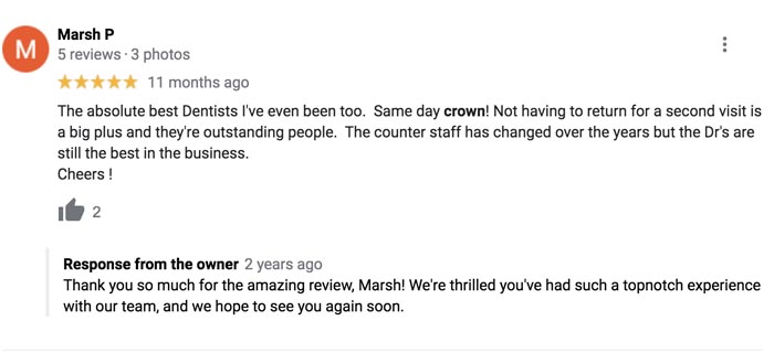 Nashua Dental Group Google review regarding same day crowns
